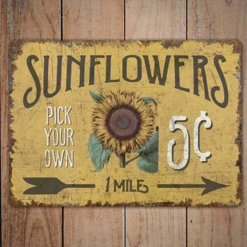 2D Flat - 1pc Vintage Farmhouse Tin Sign Wall Art - Sunflower Pick Your Own Rustic Metal Decor, Reusable Country Kitchen & Home