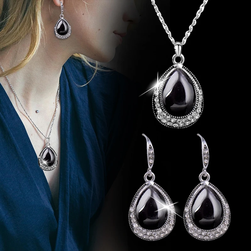 LEEKER Vintage Waterdrop Opal Pendants and necklaces Drop Earrings For WomenAntique Silver Color Retro jewelry sets lady ZD1 LK6