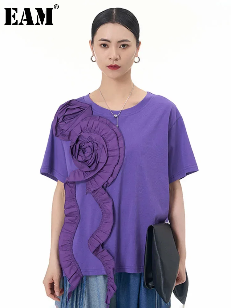 

[EAM] Women Purple Three-dimensional Flower Big Size T-shirt New Round Neck Short Sleeve Fashion Tide Spring Summer 2024 1DH6542