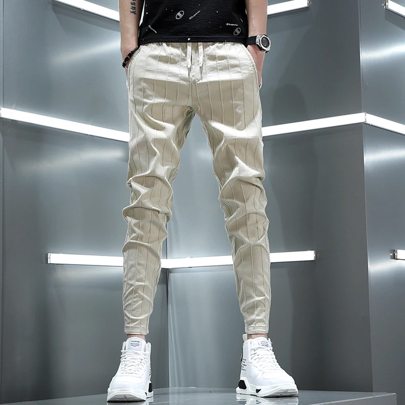 

Summer Slim Fit Casual Pants Men's Cuffed Sports Thin Sle Harlan Trousers Trendy Stripe Small Foot Harlan Pants