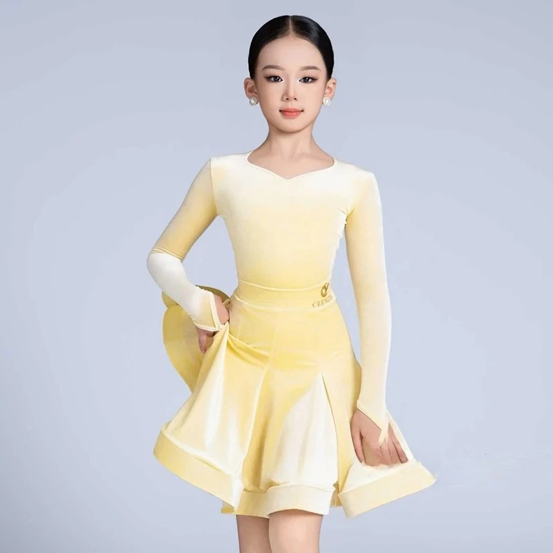 

Светло-желтое платье для латинских танцев для девочек, детская одежда для соревнований по ча-ча-ча, платье для выступлений по национальному стандарту, NV22969