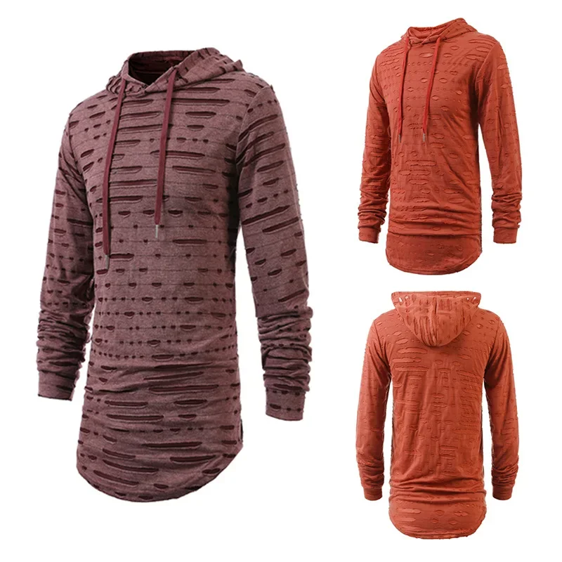 

Spring and Autumn New Leisure Fashion Personality Perforated Solid Color Versatile Hooded Sports Long Sleeve T-shirt Sweater