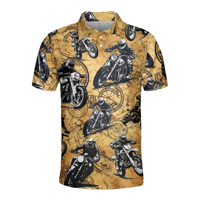 Vintage Motorcycle Streetwear 3D Print Short Sleeve Polo Shirts For Men Clothes Racing Hawaiian Button POLO Shirt Party Club Top