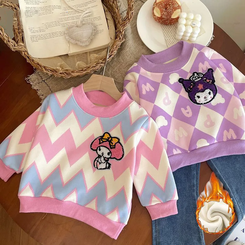 

2025 New Winter Girls Hoodie Kuromi Cartoon Fleece Lined Warm Pullover Sweatshirt Kids Fashion Top