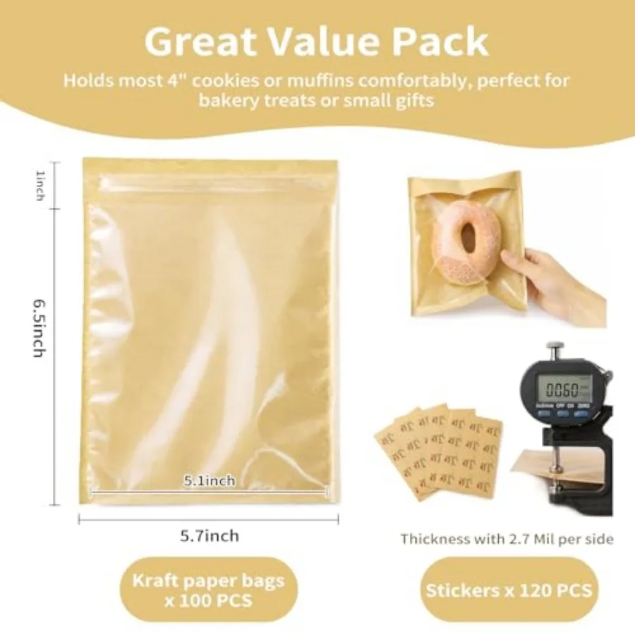 Pack Self Sealing Cookie Bags with Seal, 5.7x6.5 Inch Kraft Paper Bakery Bags with Window, Grease Resistant To Go Sleeves for B