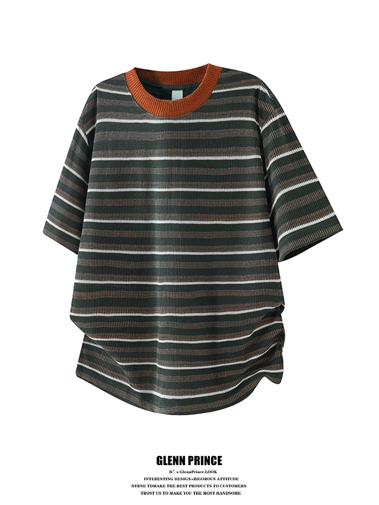 

GPstudio American Retro Striped Knitwear ort Sve Men's Summer Lazy Loose round Ne Breathable T-irt Polyester Cotton ...