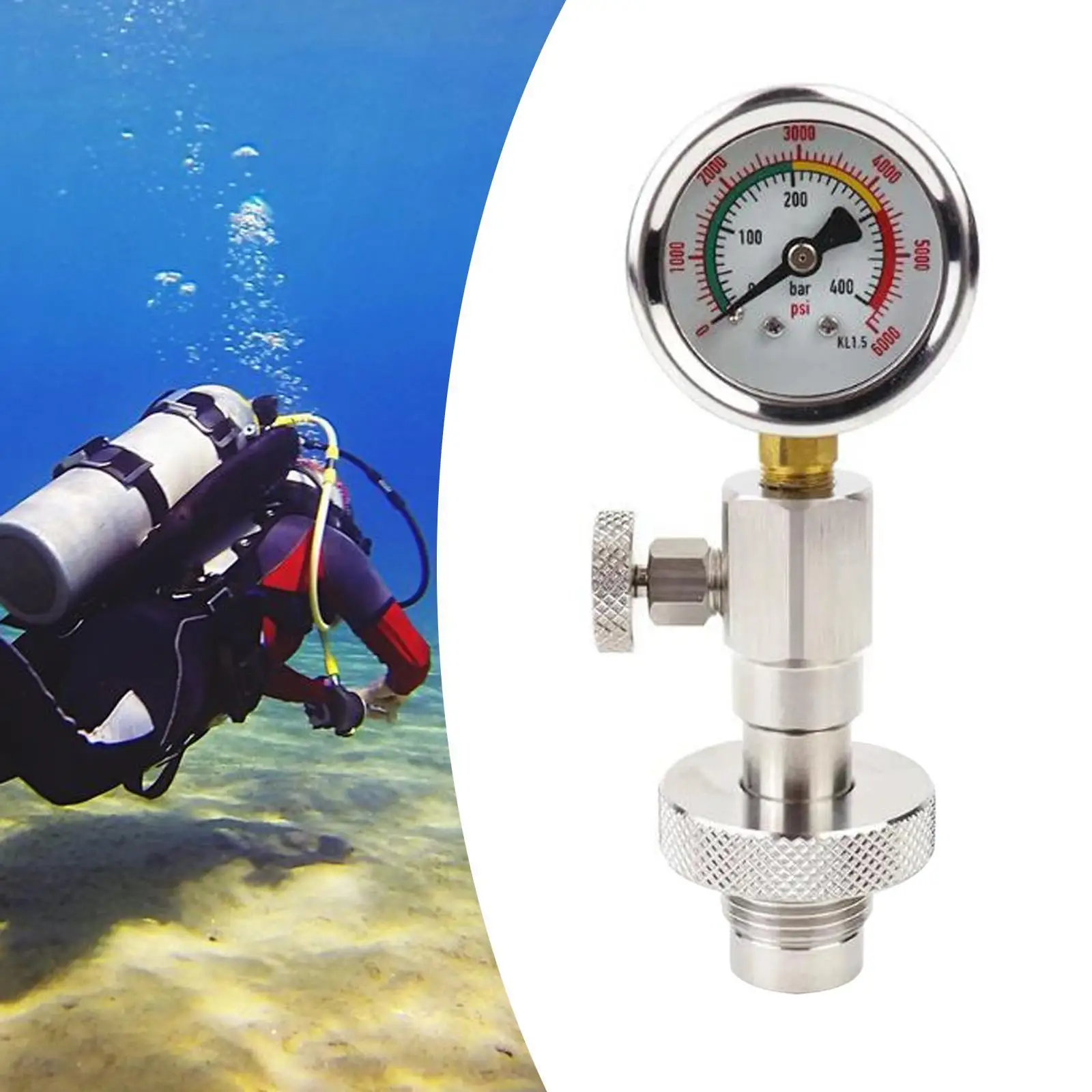 Yoke Tank Pressure Checker,Scuba Diving Pressure Gauge,Submersible with Screw Knob Sturdy Accessory Equipment for BCD Diver