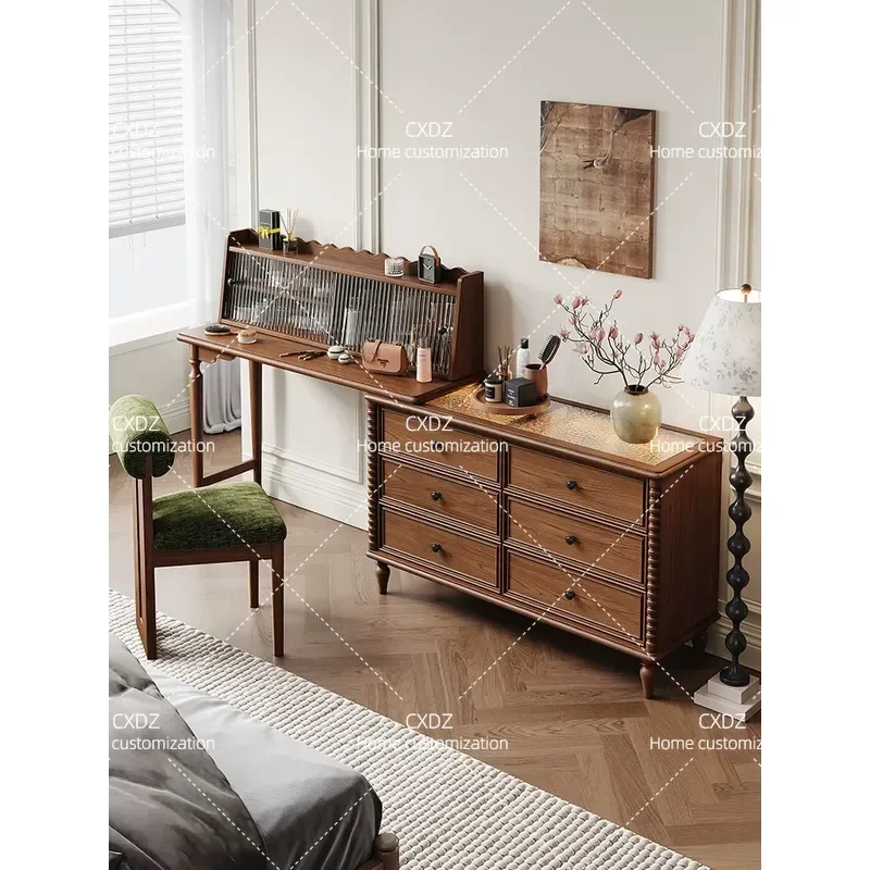 Medieval Solid Wood Dresser Chest Integrated Telescopic Vanity Table with Storage Retro Corner Makeup Desk for Master Bedroom