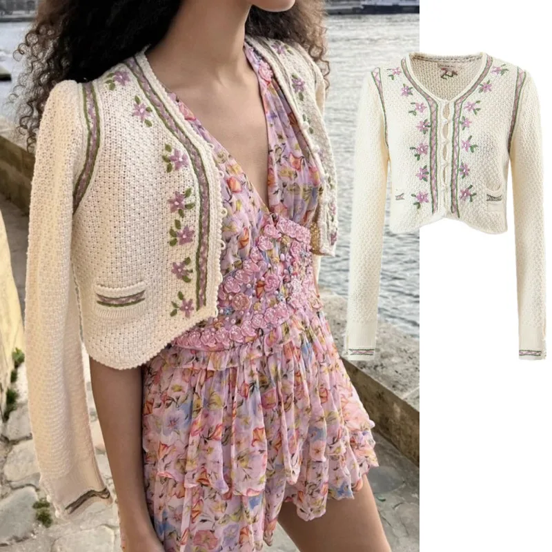 

Ретро-кардиган ручной работы с вышивкой и жемчужными декоративными пуговицами, универсальный короткий топ, женская модная одежда для повседневной носки