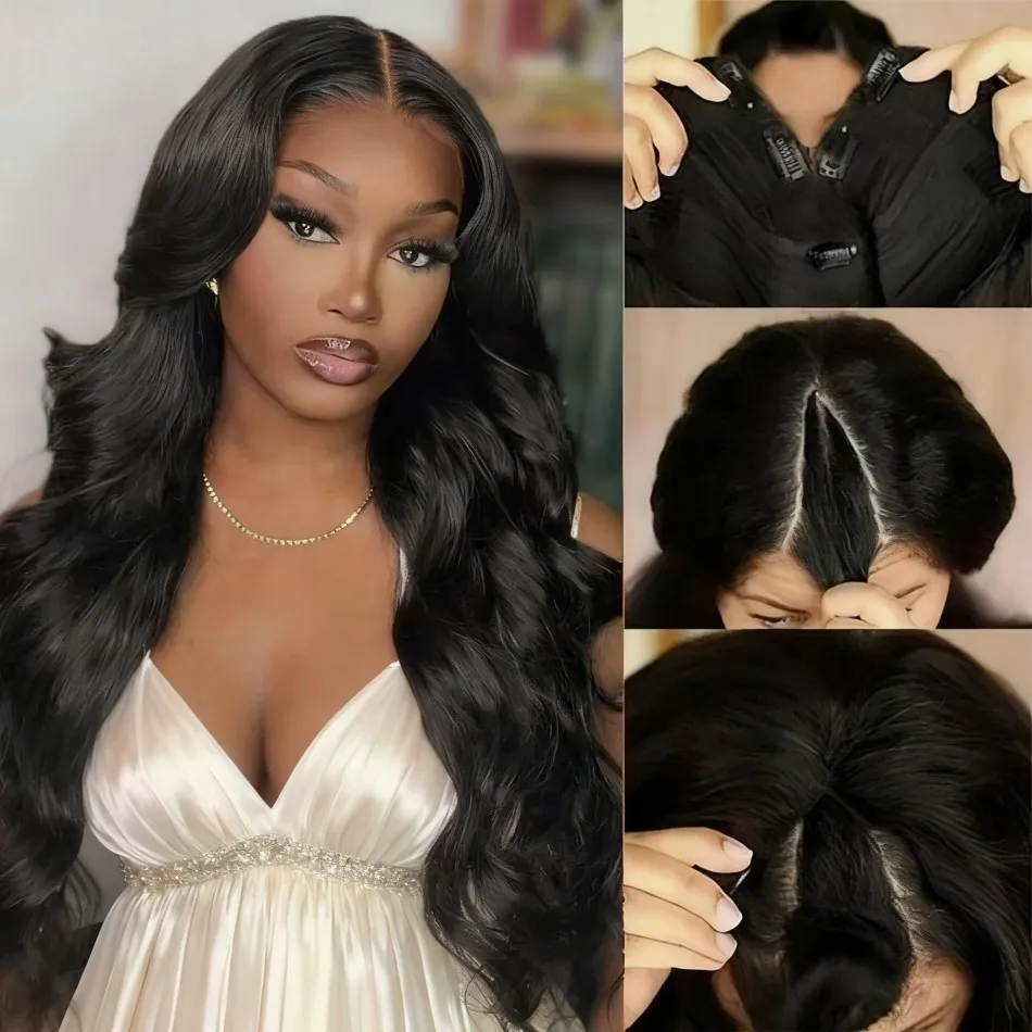 الخامس جزء الباروكات البرازيلي الجسم موجة خصلات الشعر المستعار الإنسان لا ترك لا خياطة غلويليس 250 الكثافة شعر بشري أسود طبيعي 100% للنساء