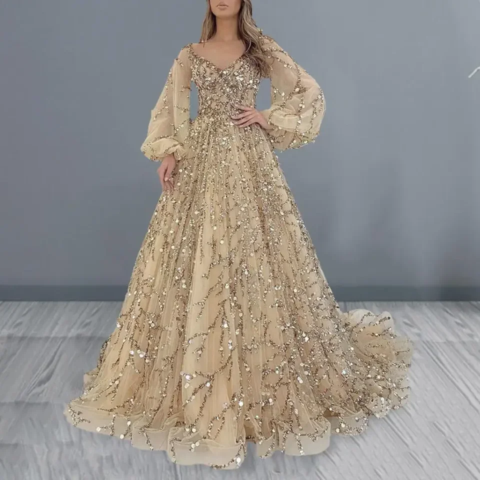 French Vinatge Evening Party Long Dresses Sequin Women A-line Princess Dress Lantern Sleeve Spring Summer Robe Prom Halloween