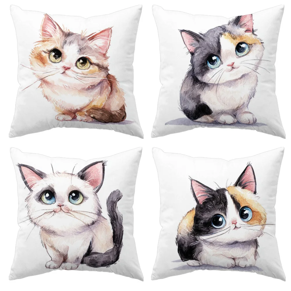 4pcs Cat Lover Style Pillow Covers, Adorable Watercolor Kitten Print Cushion Cases, Cozy Home Decor for Bedroom Living Room