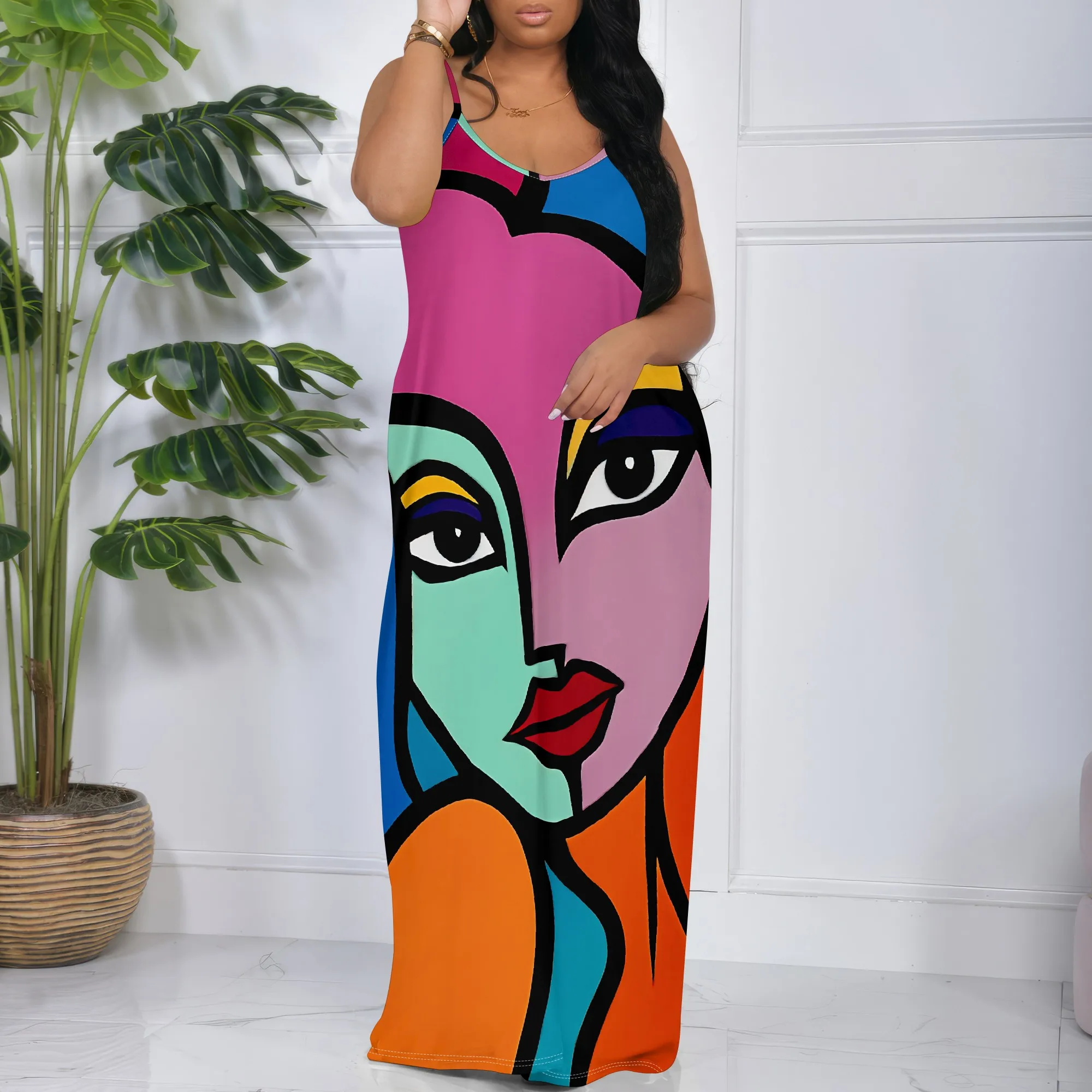 

Colorful Abstract Face Print Maxi Dress S-3XL Spaghetti Strap for Art Festival, Summer Vacation or Street Style Look