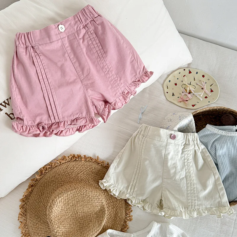 2025 New Children's Baby Korean Version Versatile Casual Lace and Black Fungus Edge Clean Color Shorts Girls' Summer Shorts