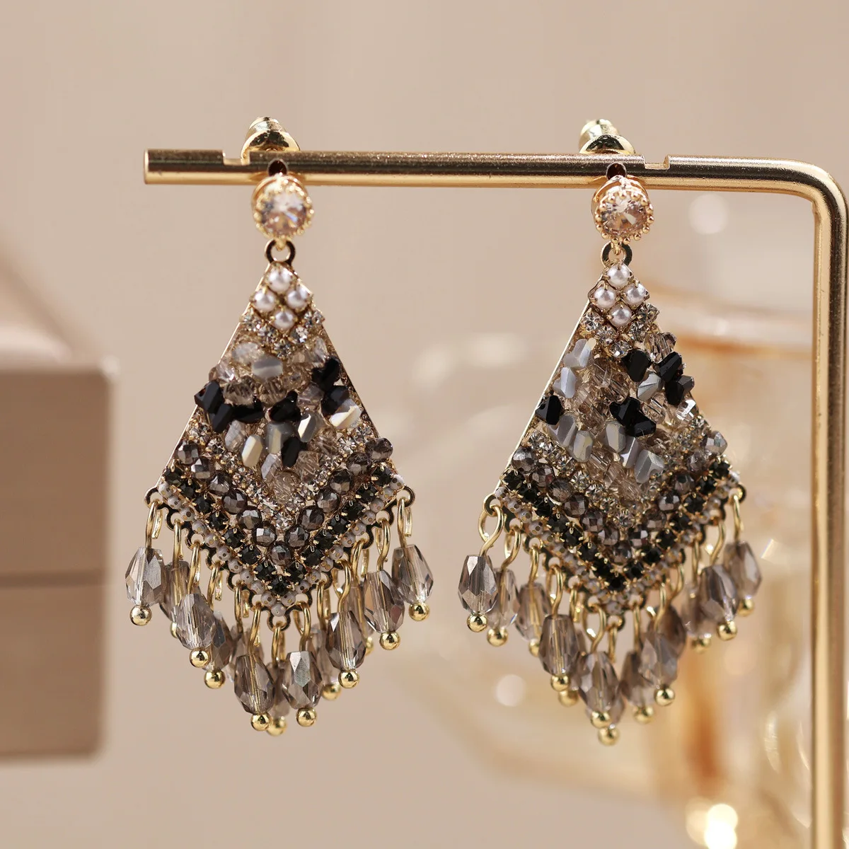 Bohemian Ethnic Rhombus Tassel Dangle Earrings Vintage Style Women Drop Earrings For Holiday Vacation Occasions
