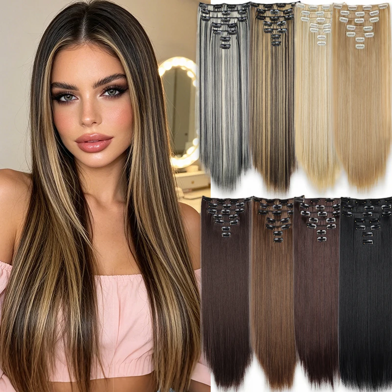 Nahtlose Clip-In Haarverlängerungen für Frauen – Lange, glatte Balayage-Highlights, sofortiges Volumen und Länge in Sekundenschnelle
