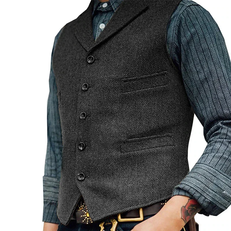 

Men's Suit Vest Brown Wedding Wool Tweed Business Waistcoat Jacket Casual Slim Fit Gilet Homme Vests For Groosmen Man Wedding