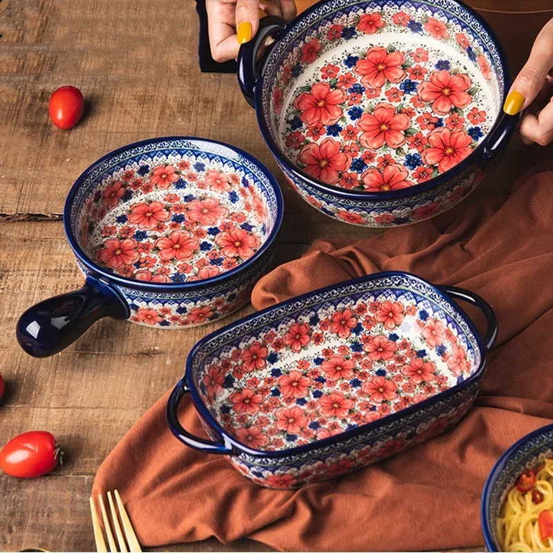 Polish Exotic Handle Bowls Ceramic Plate Double-eared Rectangular Baking Pan Soup Bowl with Handle Kitchen Decoration Tableware
