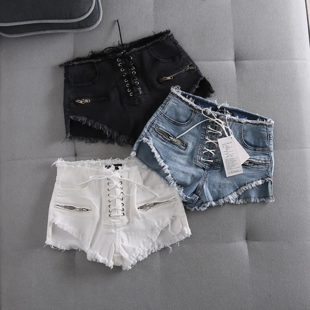 Fashion Lace-up Women Loose High Waist Crimping Denim Shorts Cotton Pockets Street Zipper Burrs Short Jeans Casual Sexy Hot Pant