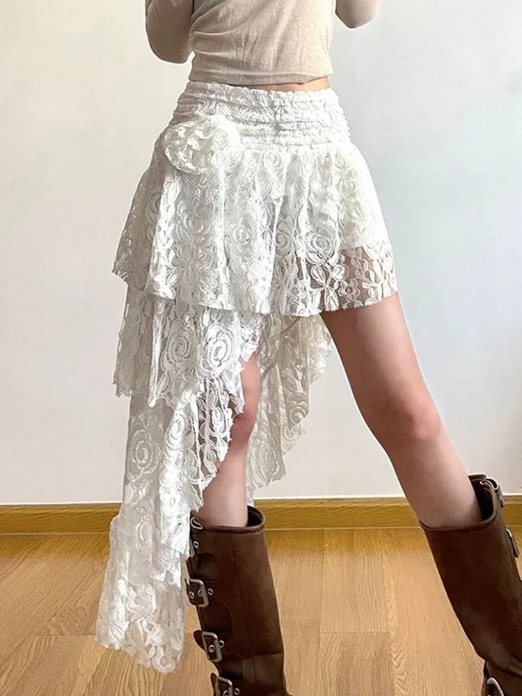 Sexy Bohemian Sweet Lace Skirt Women Elegant Irregular High Waist Skirt Vintage Korean Lady Casual Desgin White A Line Skirts