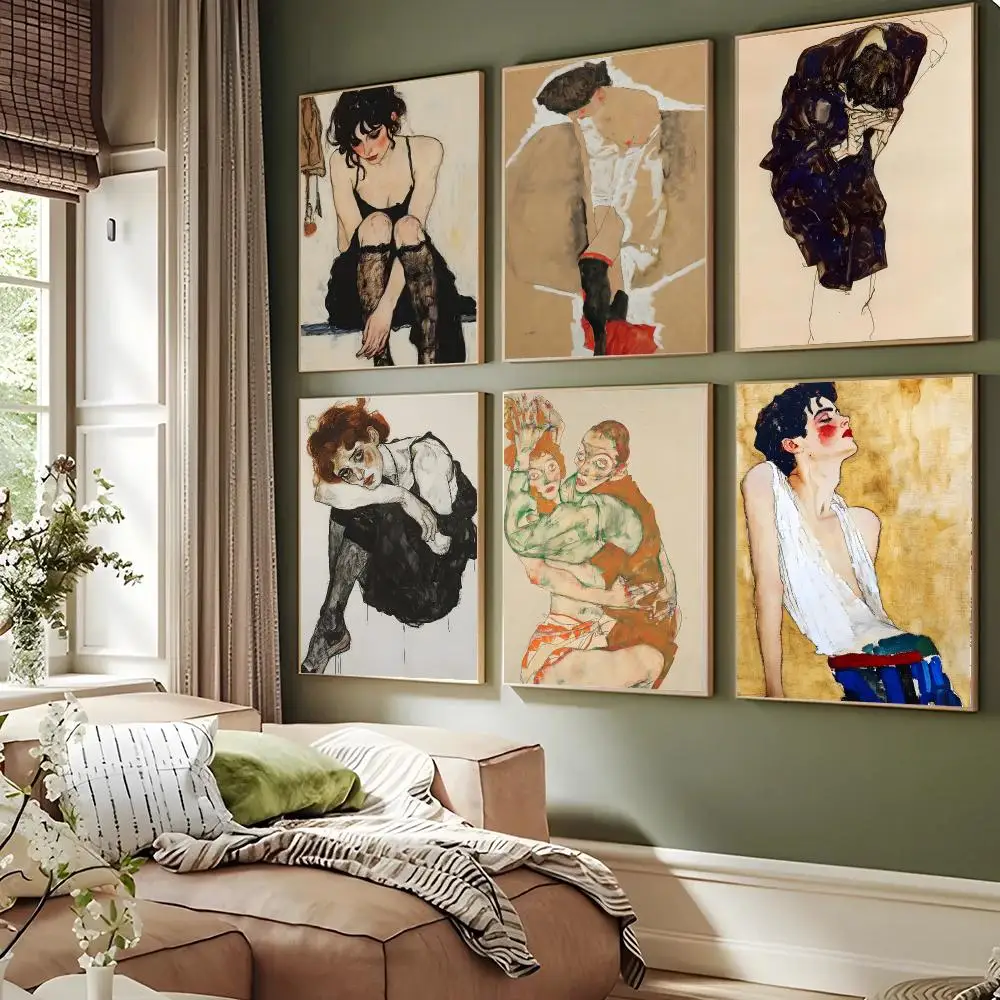 Vintage Egon Schiele Figure Sketch Poster Waterproof Sticky Wall Art Print For Bedroom Living Room Hallway Bar Home Decor