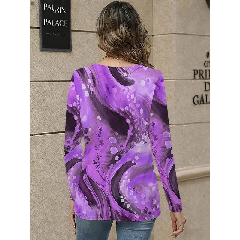 Women'S Casual Elegant V-Neck Printed Long Sleeve T-Shirt [Printed Design - Non-Real Texture]