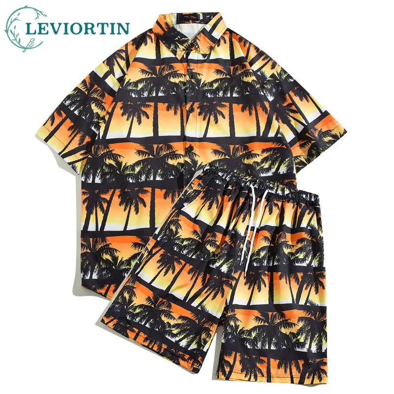 Vintage Men Flower Print Shirt Short Sleeve Casual Shirt Suit Summer Contrast Color Holiday Beach Shorts And Shirts Set Unisex