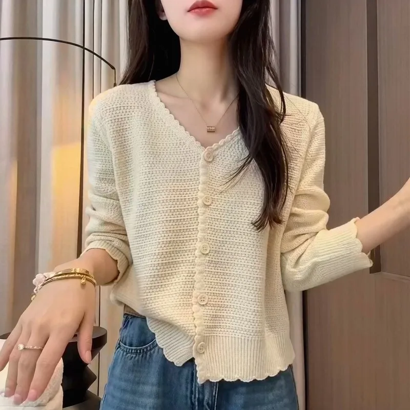 Women Gentle Solid Color V Neck Lace Edge Knit Cardigan Autumn Winter Textured Casual Sweater
