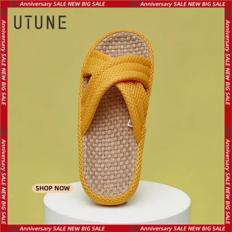 

UTUNE Linen Women Slippers Outdoor Summer Mute Light Vacation Travel Comfortable Shoes Anti-slip Flat Thick Sole Home Slides