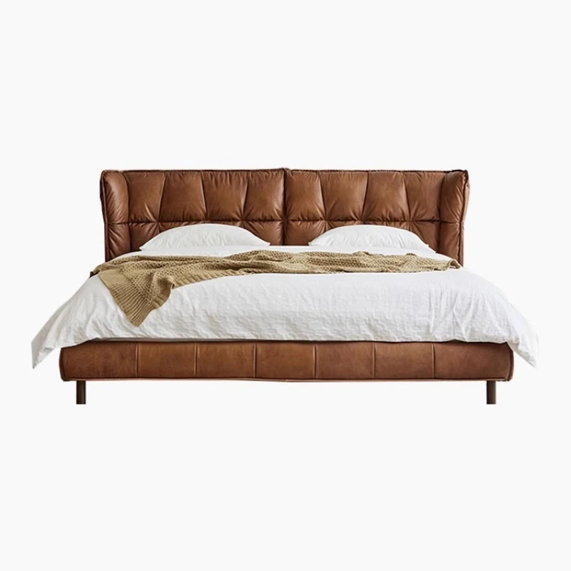 Light luxury retro full leather bed, master bedroom, high-end atmospheric double bed, mid-ancient style pull point design