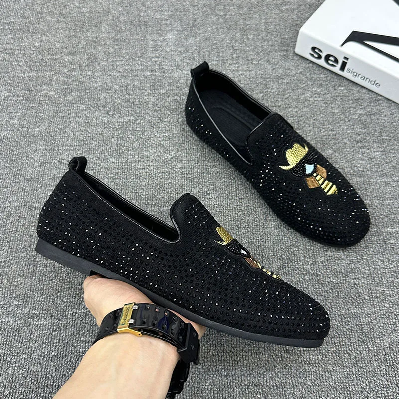 Handsome Street Style Rhinestone Designer Men\'s Shoes Leather Casual Loafers Fashion Breathable Men Flats Soft Moccasins Black