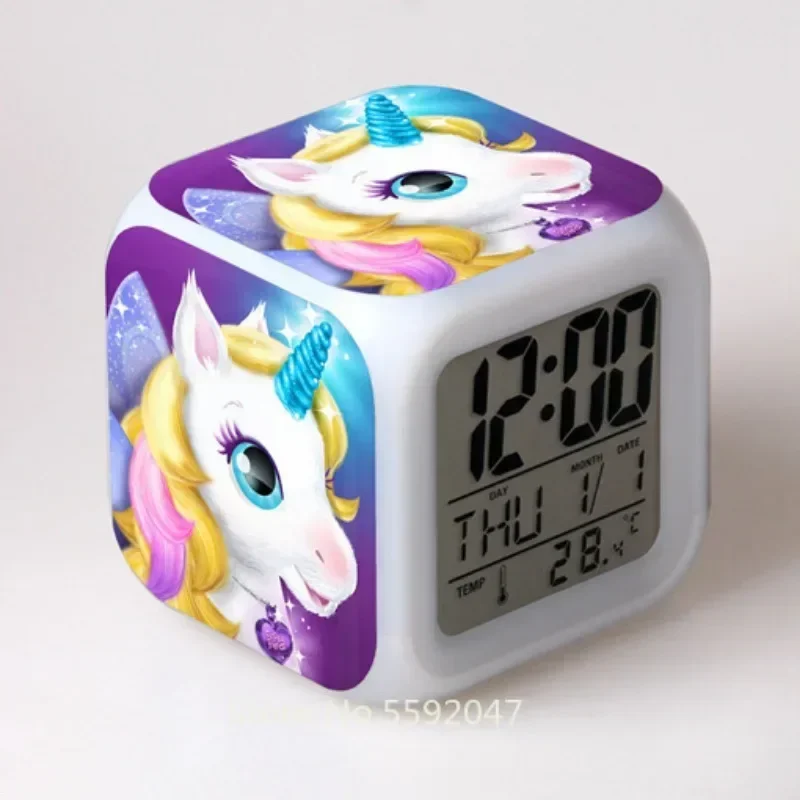 

Anime Unicorn Colorful Cartoon Alarm Clock Creative Student 8x8x8cm LED Cube with Colorful Light Display Time Week Month