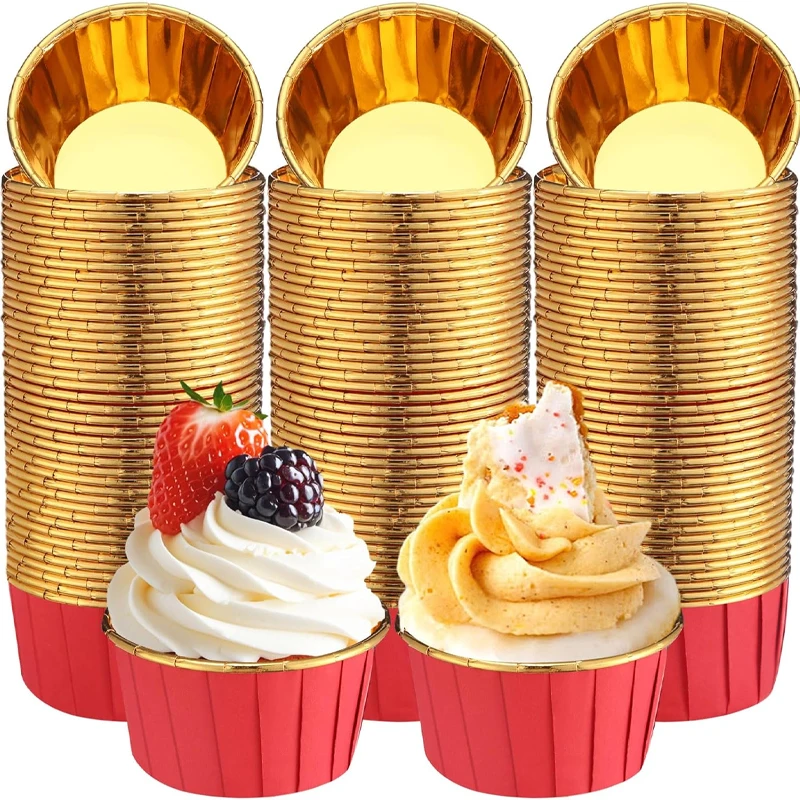50Pcs Black Rolled Edge/Red Gold Cake Paper Cups, Heat-Resistant and Oil-Proof Paper Liners, Dessert Paper Cups Muffin Cups, Suitable for Muffins, Cupcakes, Pastries