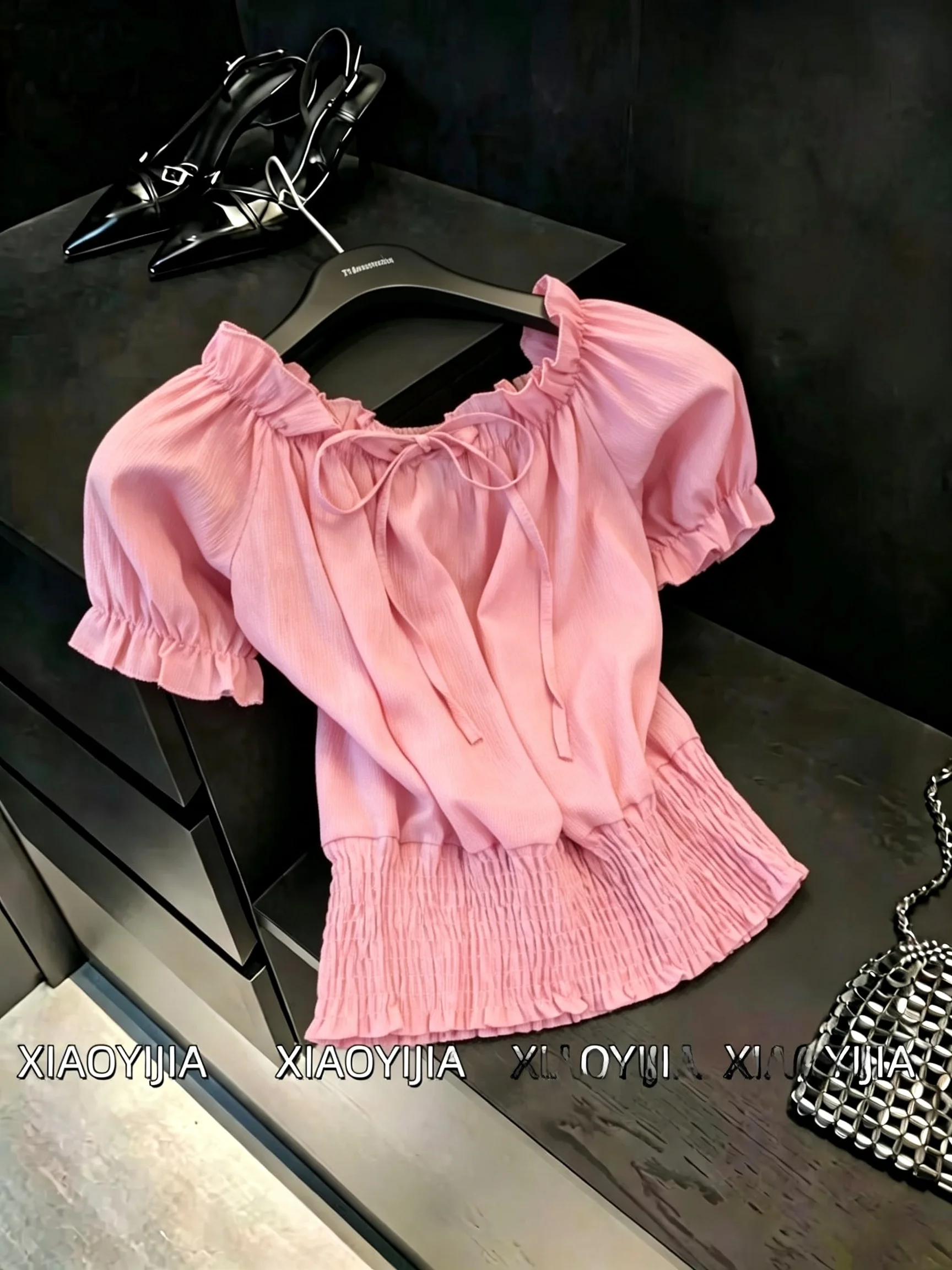 

Sweet Ruffle Hem Bubble Sleeve Shirt Women's Korean Style Slim Fit Short Sleeve One Shoulder Top Waist Cinching Slimming Effect