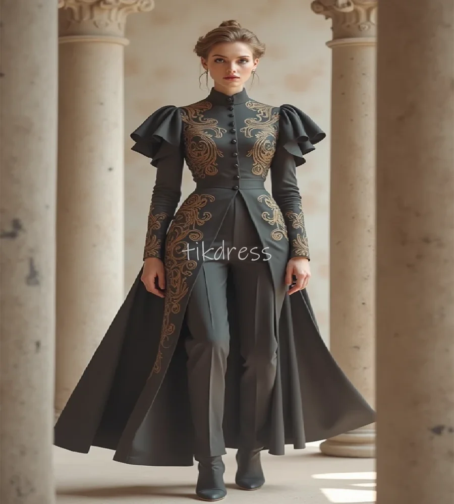 

Italian Female Knight Pantsuit Prom Dress 2025 Gray Overskirt Train Renaissance Riding Evening Dress Formal Party WearCustomized