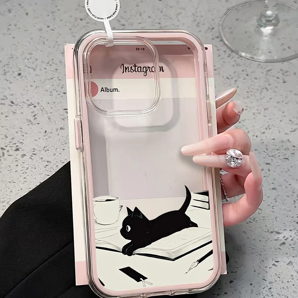 Niedliche, lustige schwarze Katze transparente Handyhülle für iPhone 11 12 13 14 15 16 17 Pro Max Plus Air, stoßfeste Schutzhülle – Detail 1
