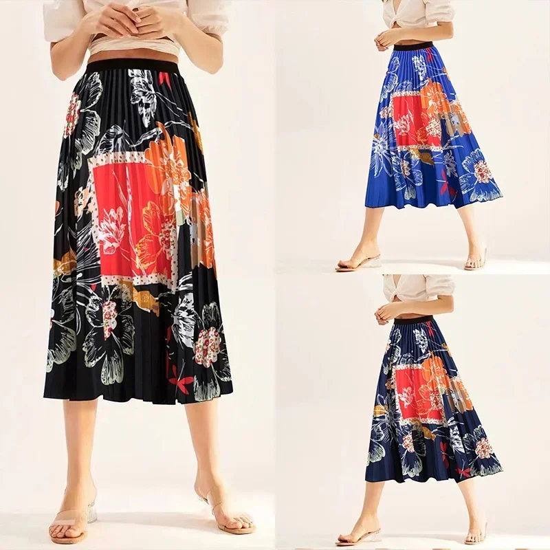 Retro High-end Floral Print Pleated Long Skirt for Women's A-line Skirts