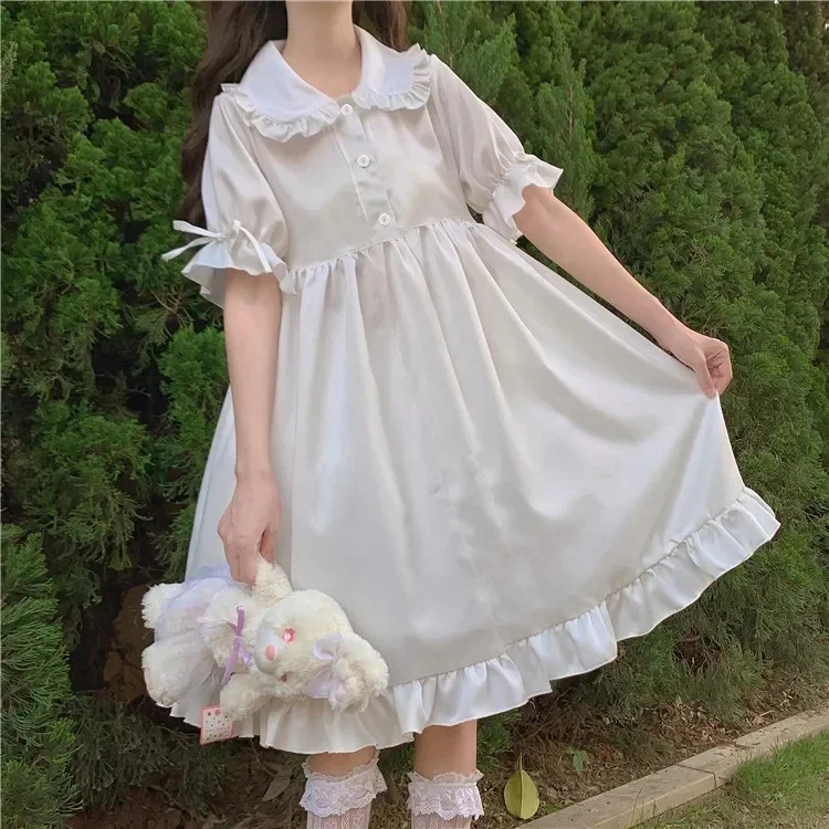 summer sweet peter pan collar white a-line dress women reffle botton simple Cute Fairy dress Japanese Harajuku Vestidos 400g