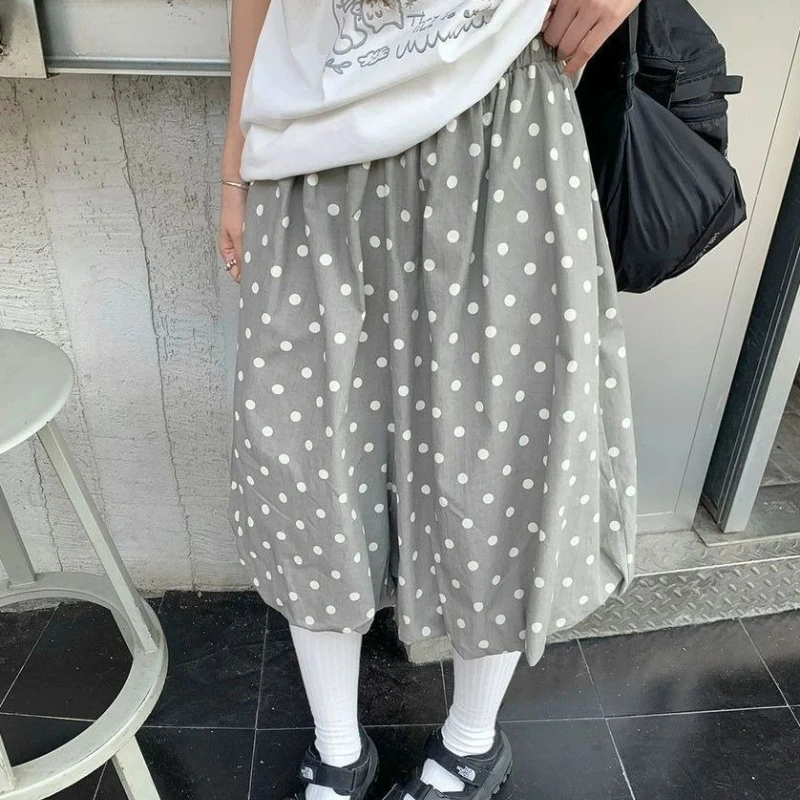 Korean Style Fashion Vintage Y2K Polka Dot Bubble Hem Culottes Skirt Spring Summer Elasticated Waist A-Line Midi Skirt for Women