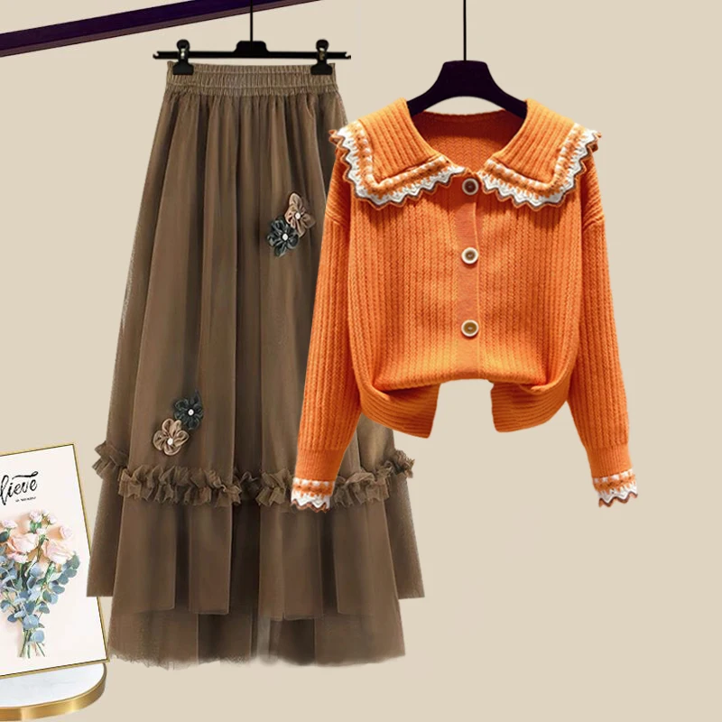 plus Size Winter Profional Outfit Women's Faion Slimming Concealing Two-Piece Set with Sweater And  Skirt