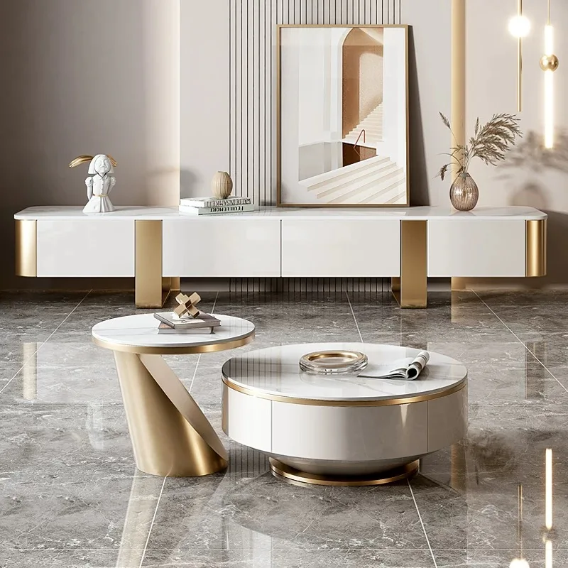 Modern luxury marble wooden LCD TV cabinet coffee table set