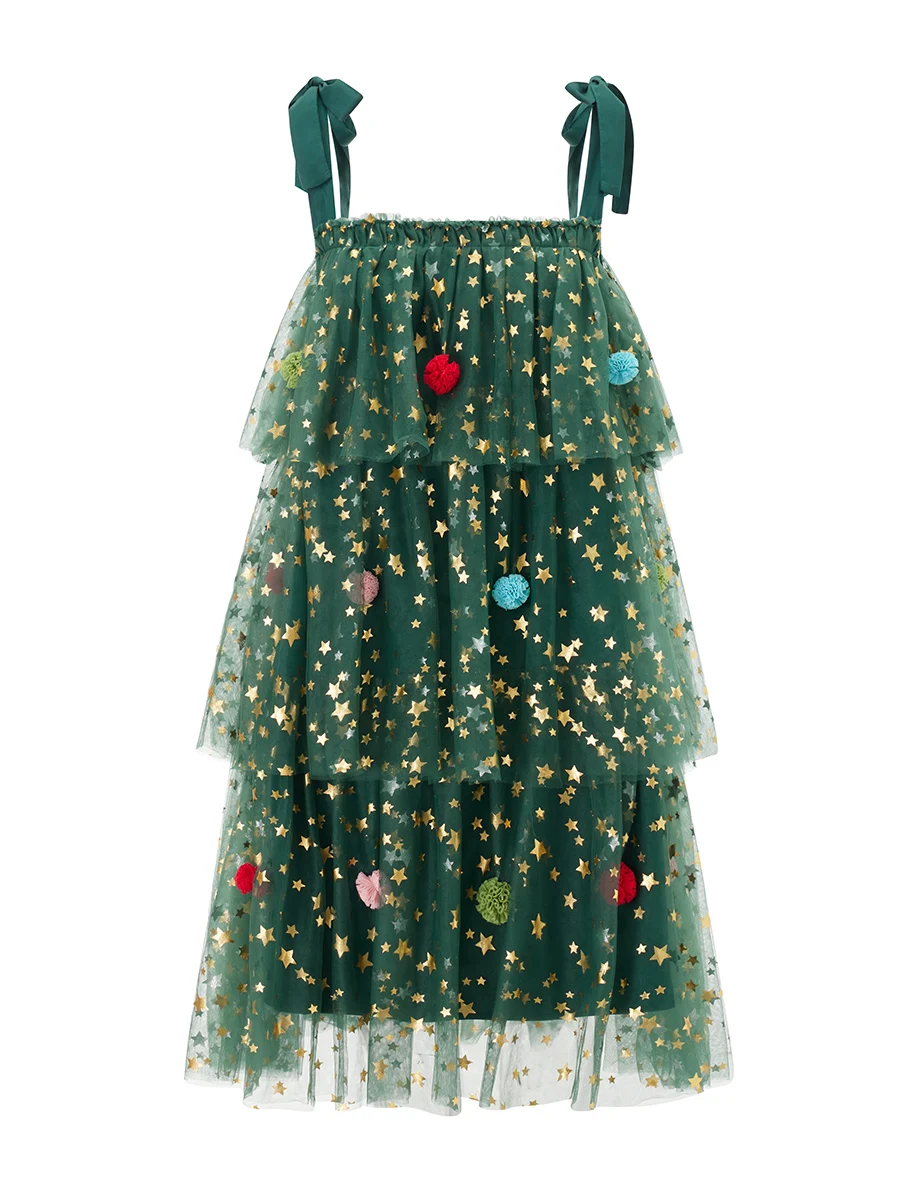 Women s Christmas Sleeveless Dress Tie Shoulder Strap Star Print Tiered Cake A-Line Tulle Dress