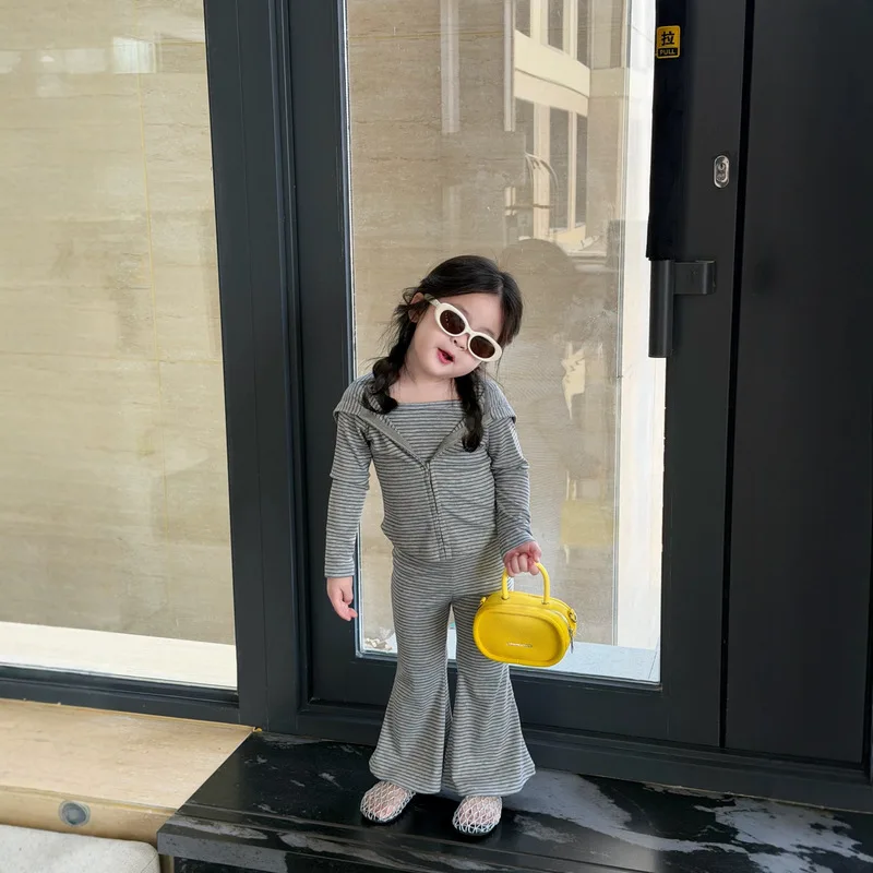 2026Autumn New Children's Clothing Girls' striped cardigan jacket and flared pants sports three-piece suit