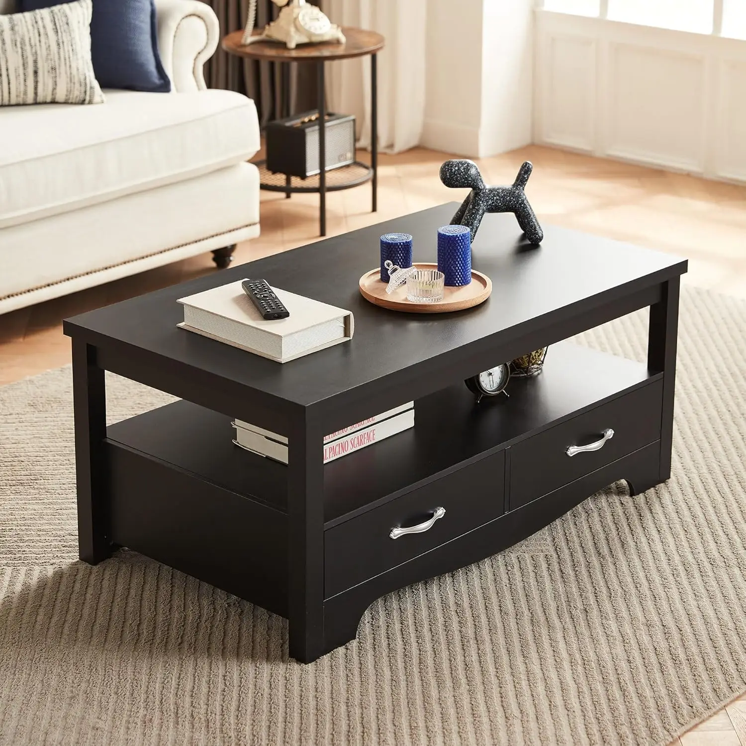 Farmhouse Coffee Table with Storage Wood Coffee Table for Living Room Open Display Area and Storage Drawers with Metal Handles