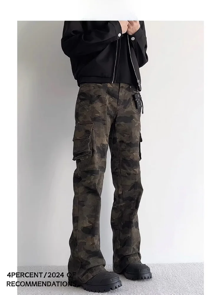 جينز رجالي بتصميم أمريكي عتيق بنمط التمويه متعدد الجيوب ضيق مناسب للعمل بنطلون جينز نحيف وواسع من الأسفل عصري للشباب #5