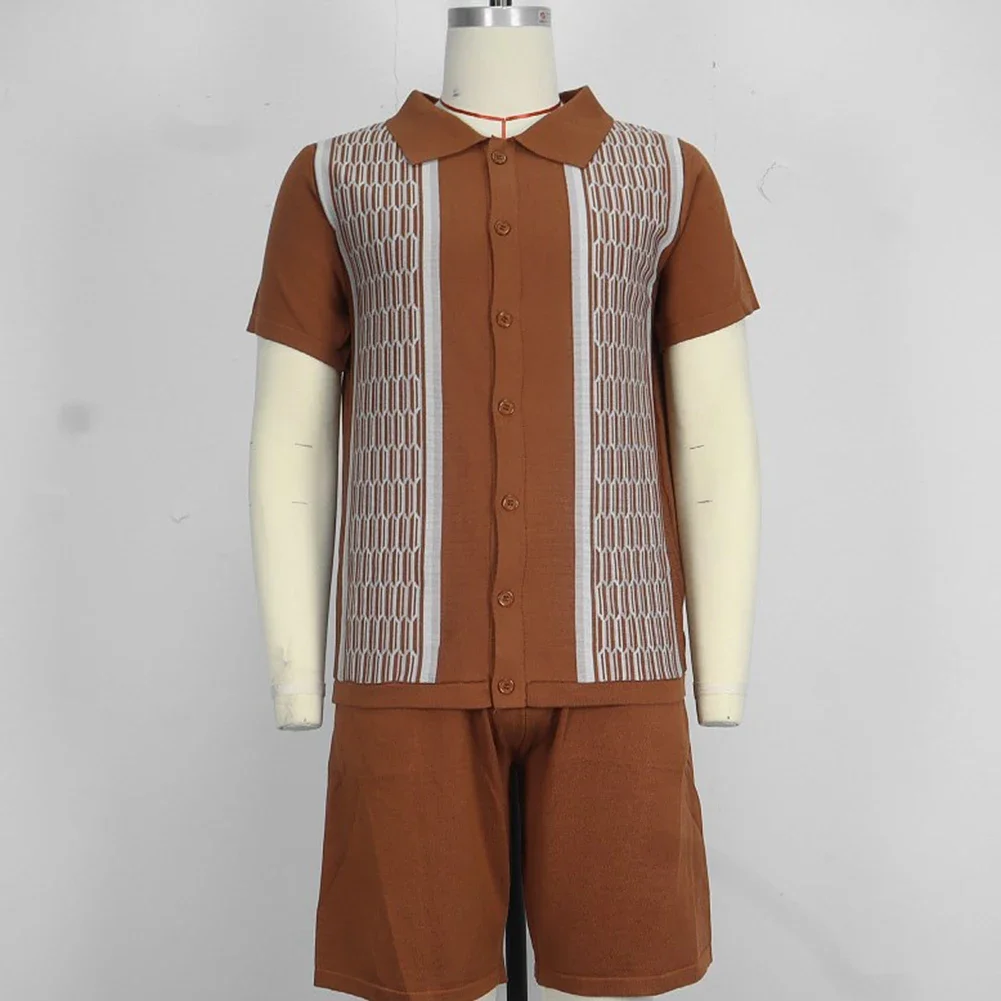 Conjunto curto leve e elástico masculino, lapela impressa vintage, casual masculino confortável, férias diárias, férias de verão