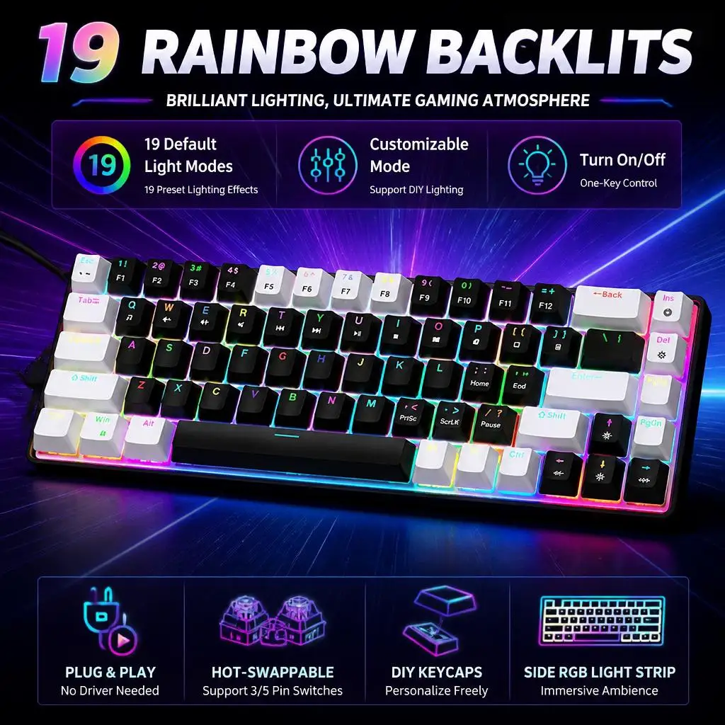HXSJ 65% Mini Wired Gaming Mechanical Keyboard Phantom RGB, 68Keys, Ice Blue Switch, Ergonomic, Portable for PC/Laptop