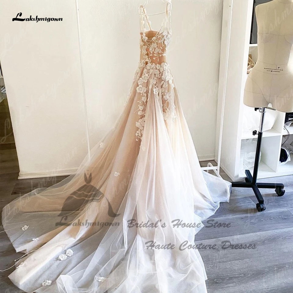 Lakshmigown หรูหราลูกไม้ดอกไม้ Boho ชุดแต่งงาน2023 Vestidos Civil เจ้าสาวสีชมพู Beach Gowns แต่งงาน Corset Lace Up กลับ