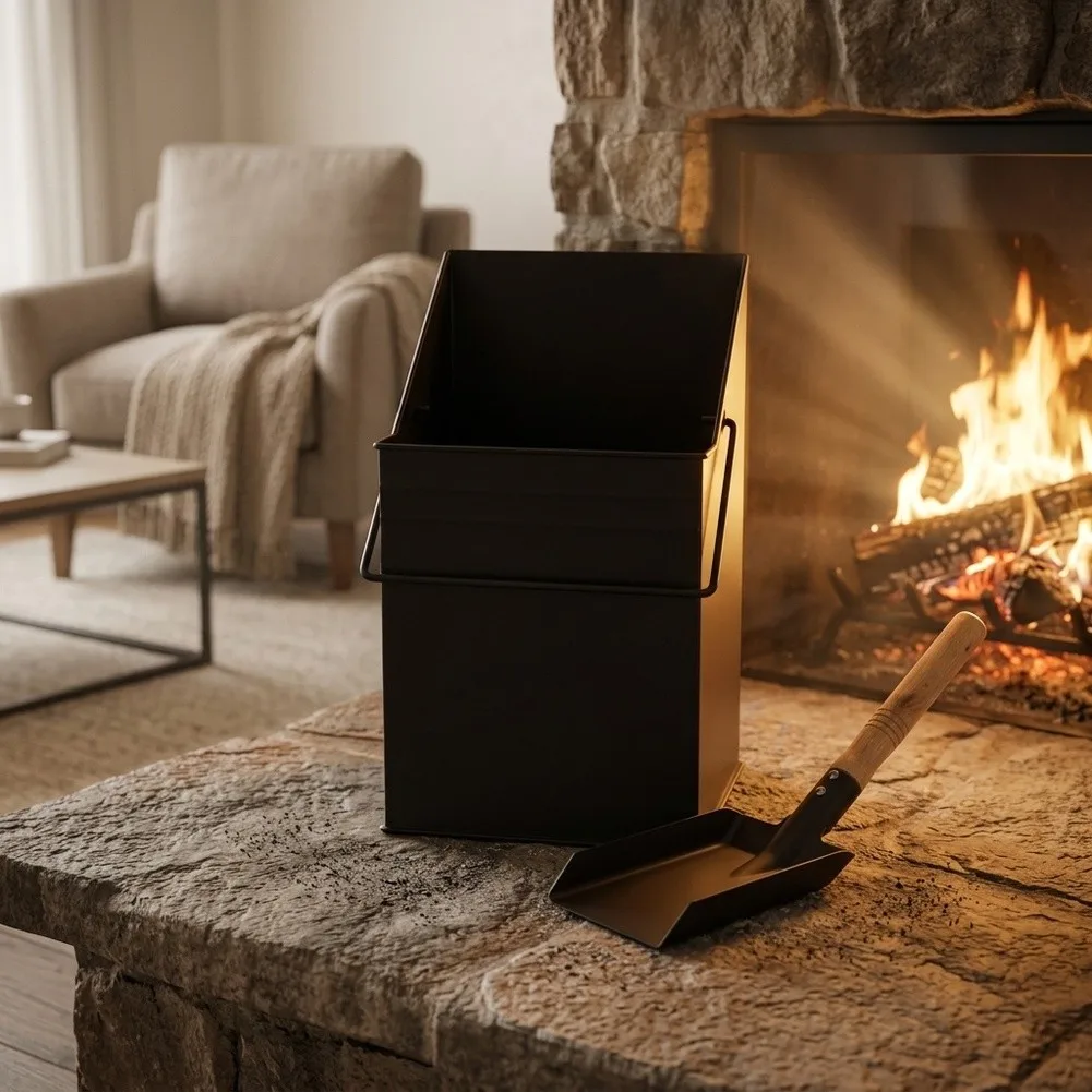 Fireplace Ash Management Set with Thickened Black Iron Bucket 22.5x18x38cm and Complementary Slant Shovel 9.5x16x22cm