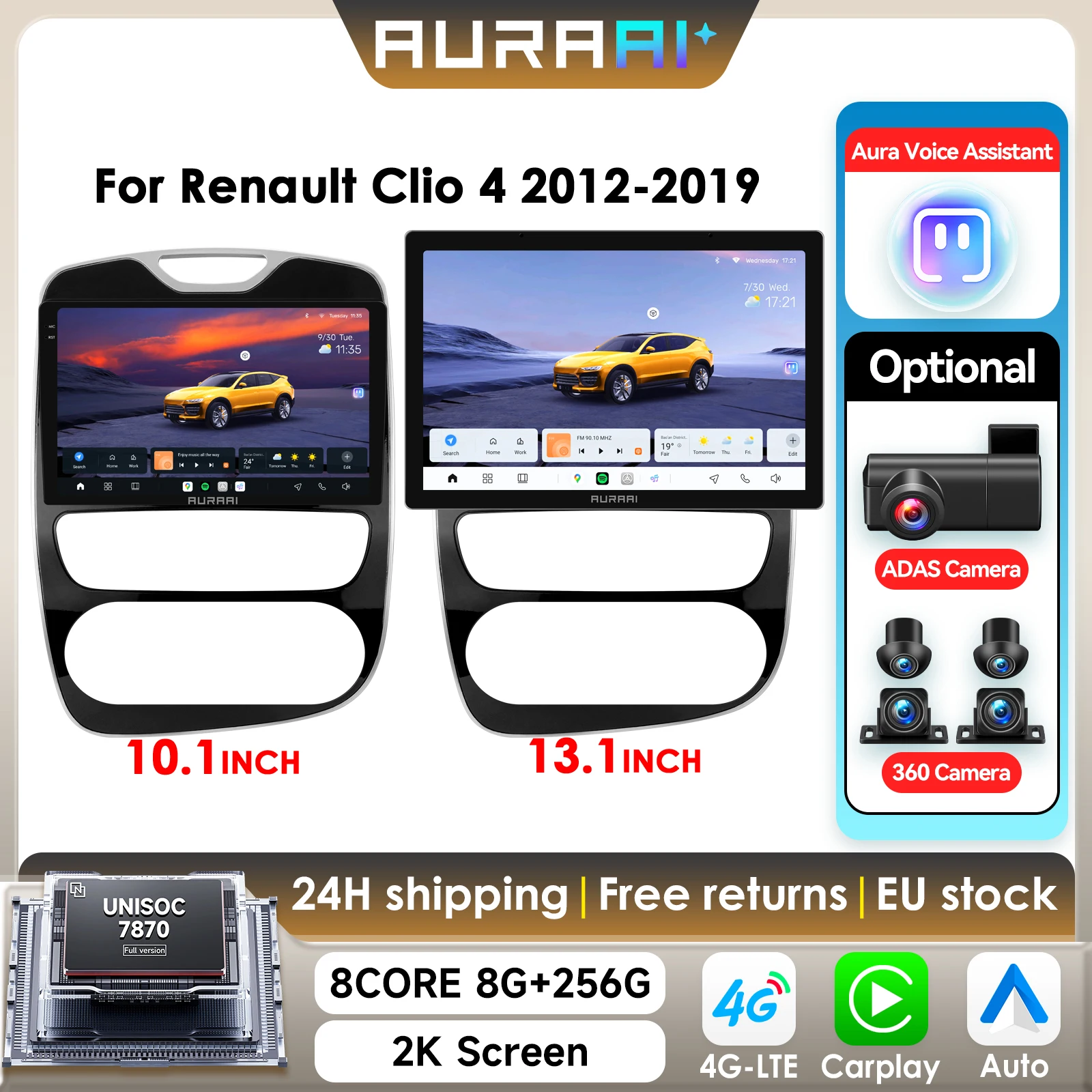 8G+256G AURAAI 2K Bildschirm für Renault Clio 4 2012 - 2019 Autoradio CarPlay Android Auto 4G WIFI GPS DSD ADAS Dual-Mikrofon 360 ° Kamera